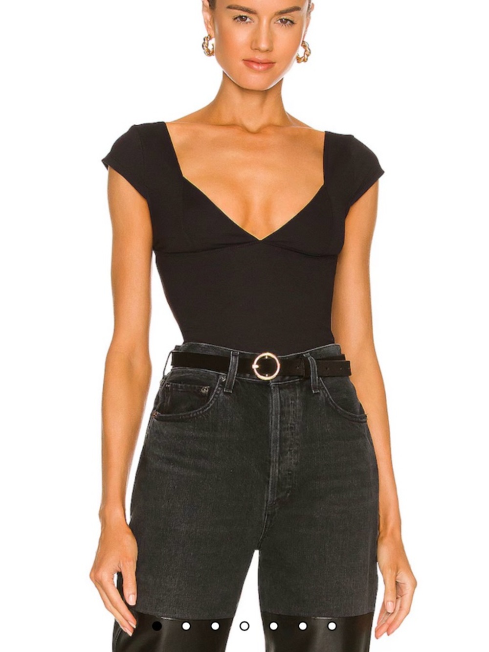 Free People Black Cap-Sleeve Deep V Bodysuit